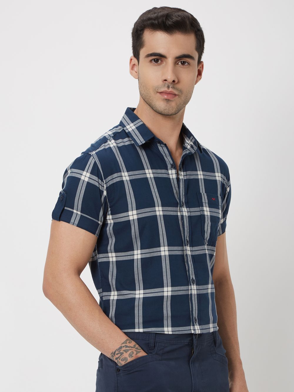 Navy & White Large Check Slim Fit Casual Shirt