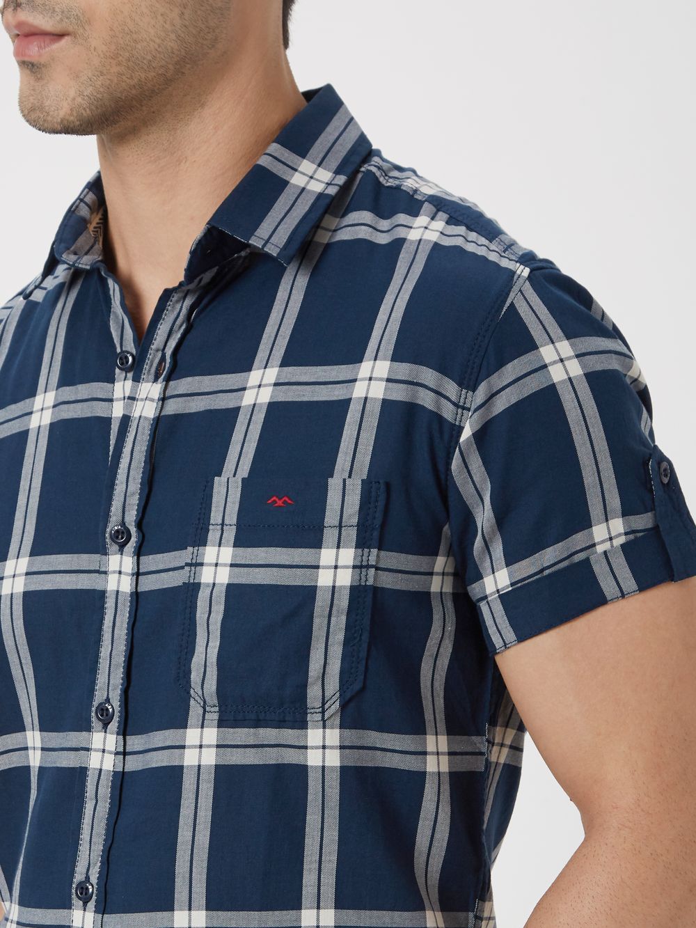 Navy & White Large Check Slim Fit Casual Shirt