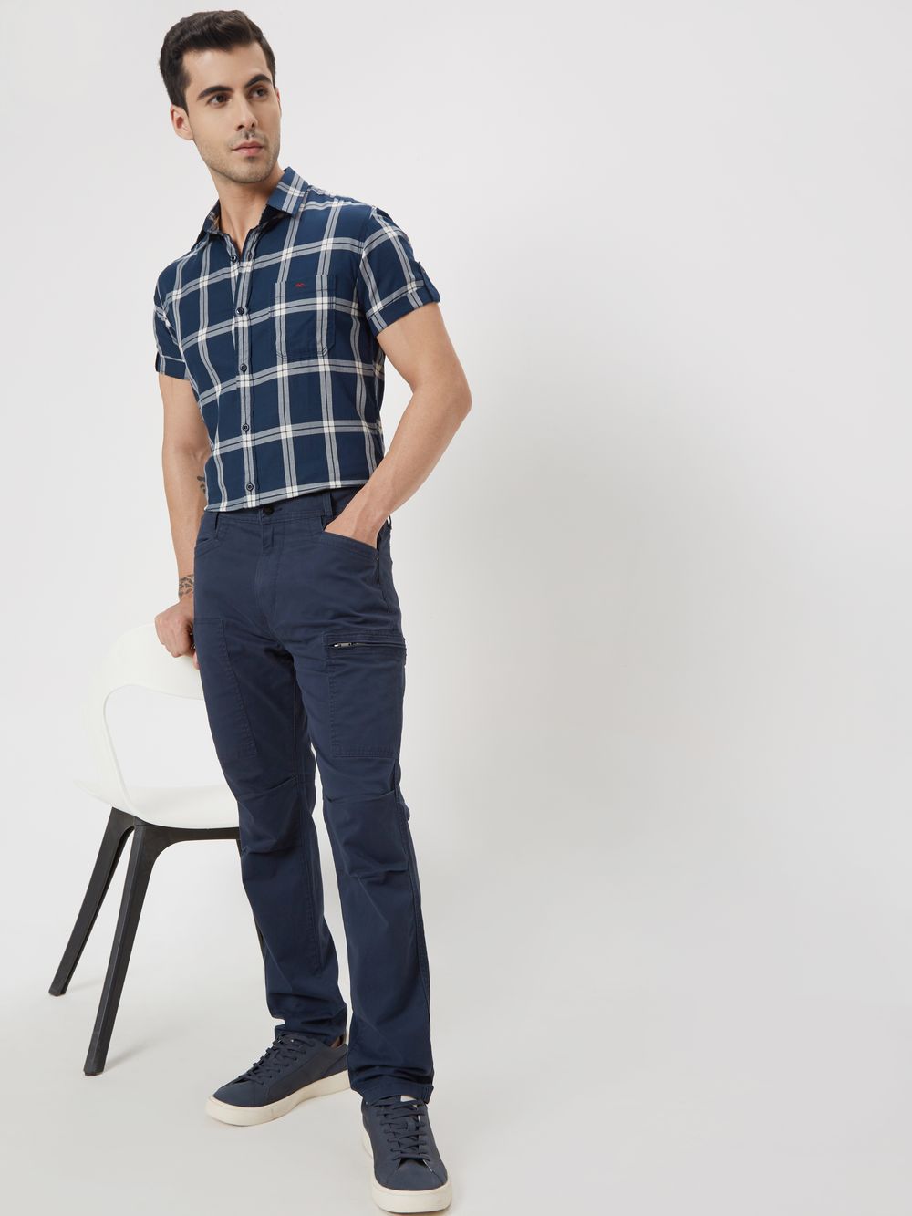 Navy & White Large Check Slim Fit Casual Shirt