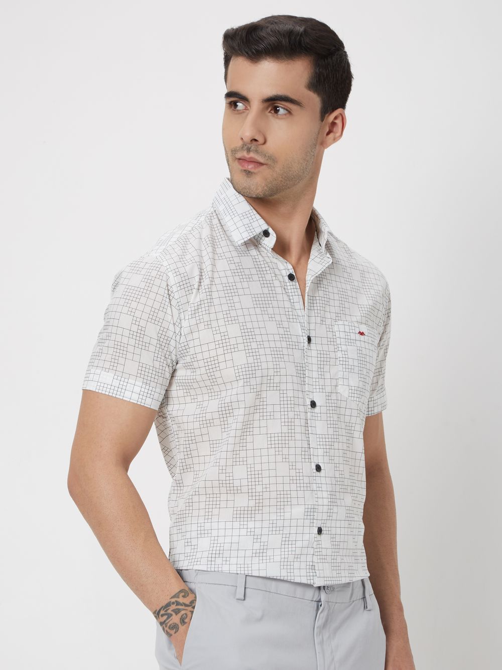 White & Black Grid Check Slim Fit Casual Shirt