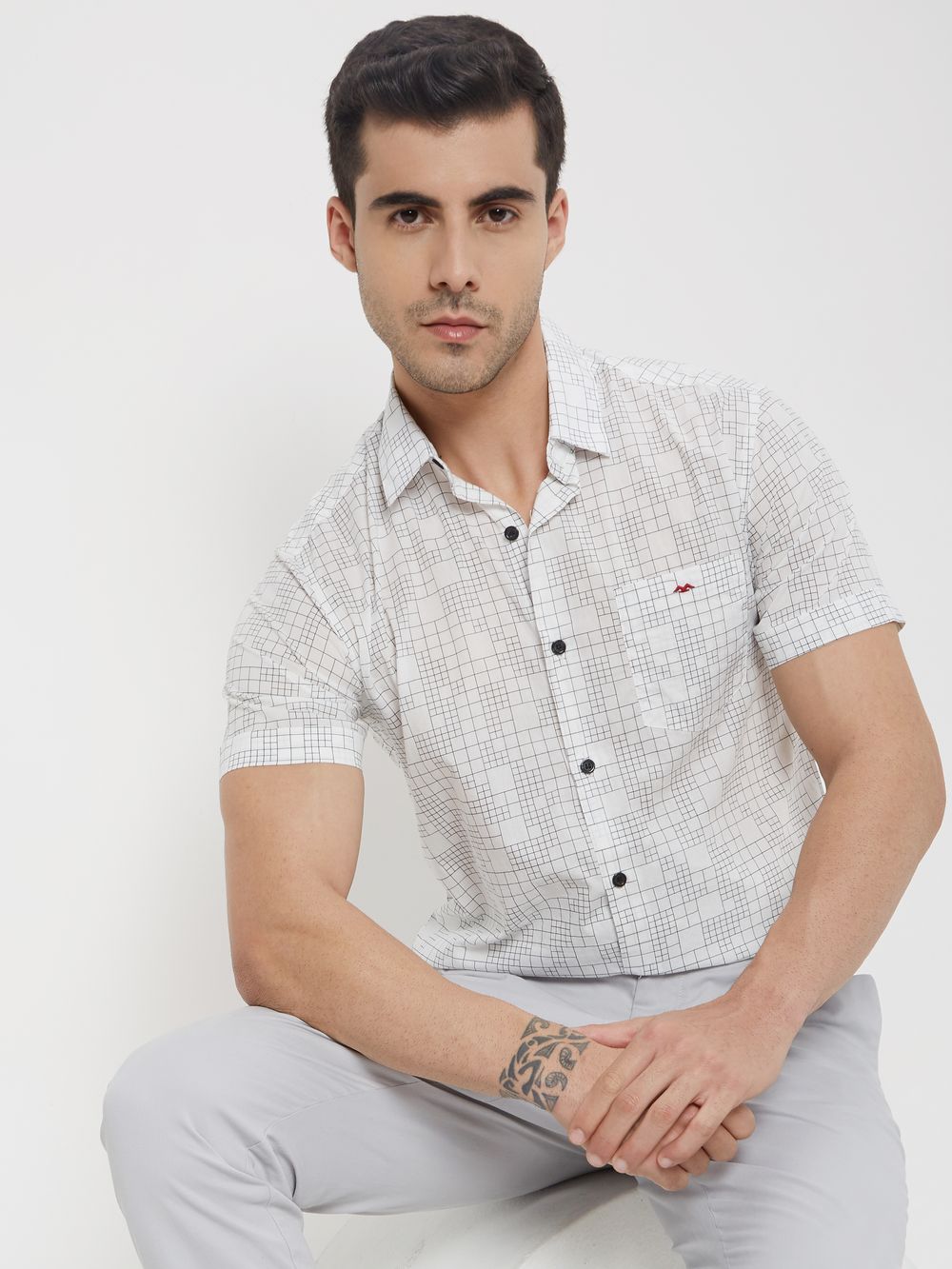 White & Black Grid Check Slim Fit Casual Shirt