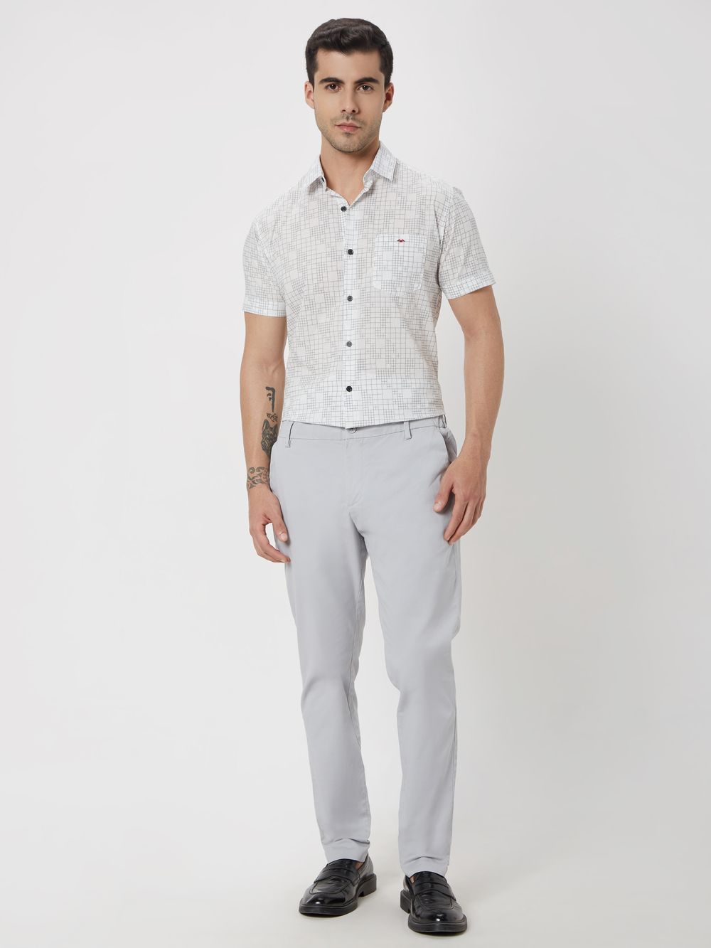 White & Black Grid Check Slim Fit Casual Shirt