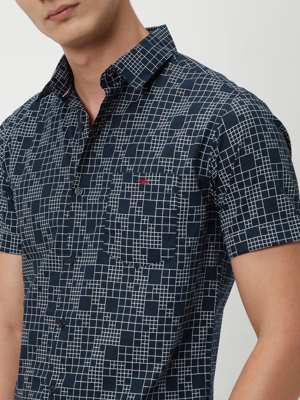 Navy & White Grid Check Slim Fit Casual Shirt