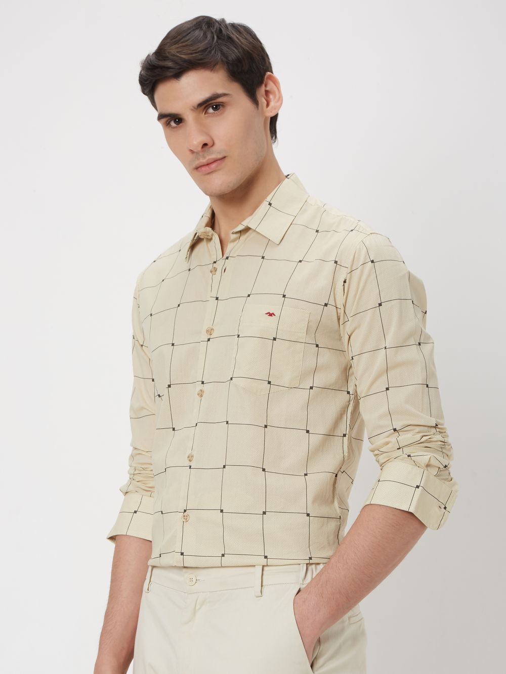 Beige & Black Large Check Slim Fit Casual Shirt