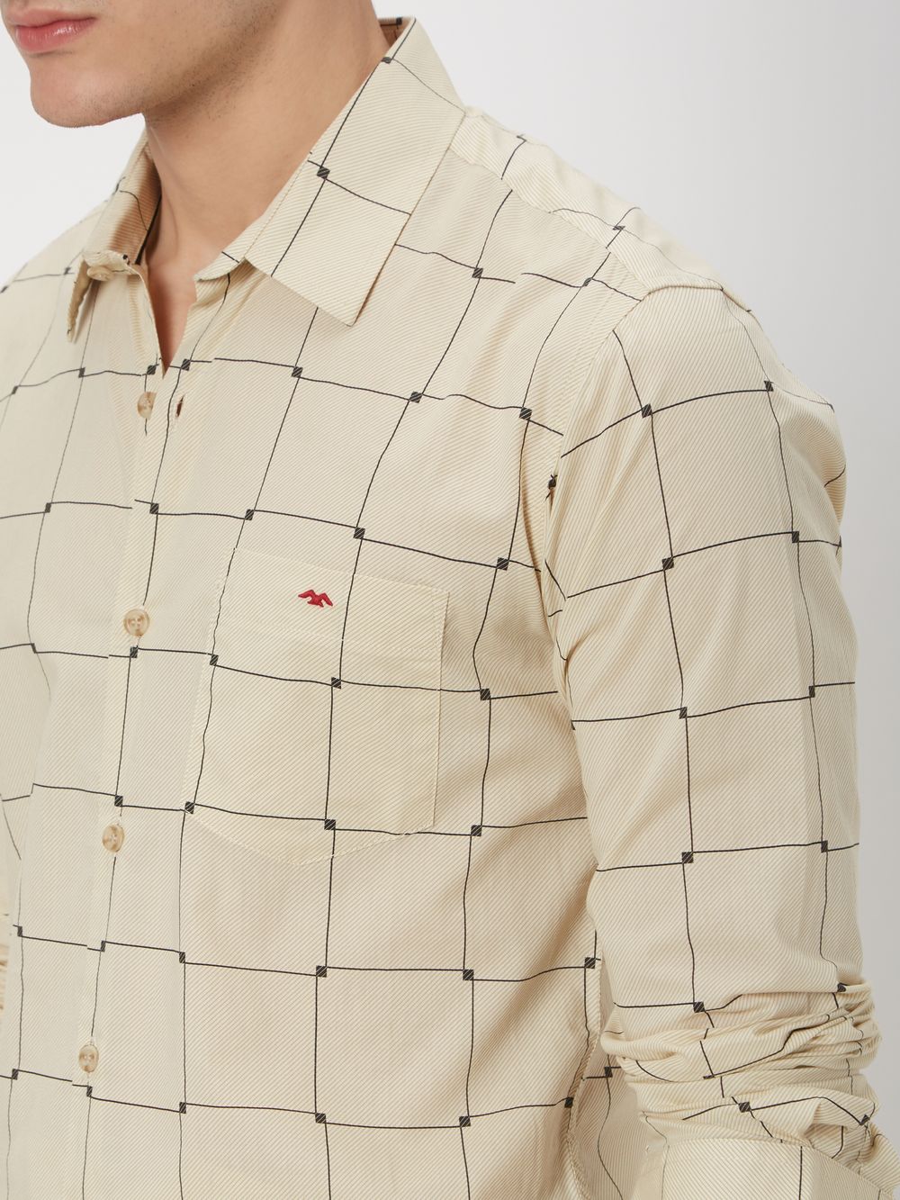 Beige & Black Large Check Slim Fit Casual Shirt