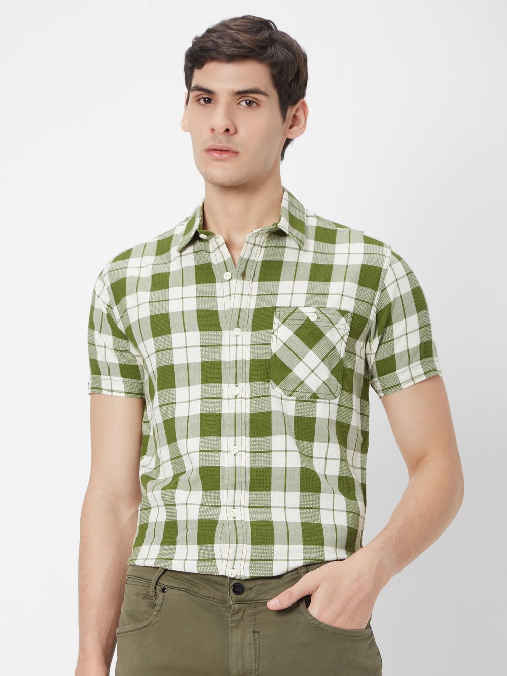 Olive & White Tonal Check Slim Fit Casual Shirt