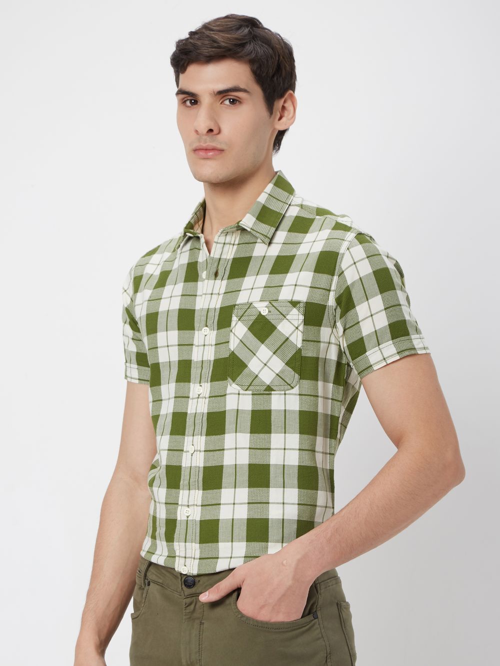 Olive & White Tonal Check Slim Fit Casual Shirt