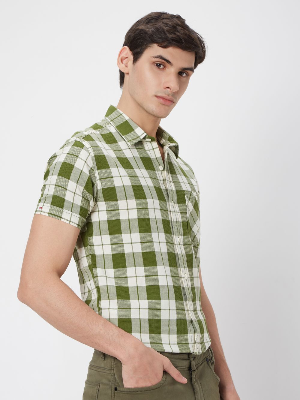 Olive & White Tonal Check Slim Fit Casual Shirt