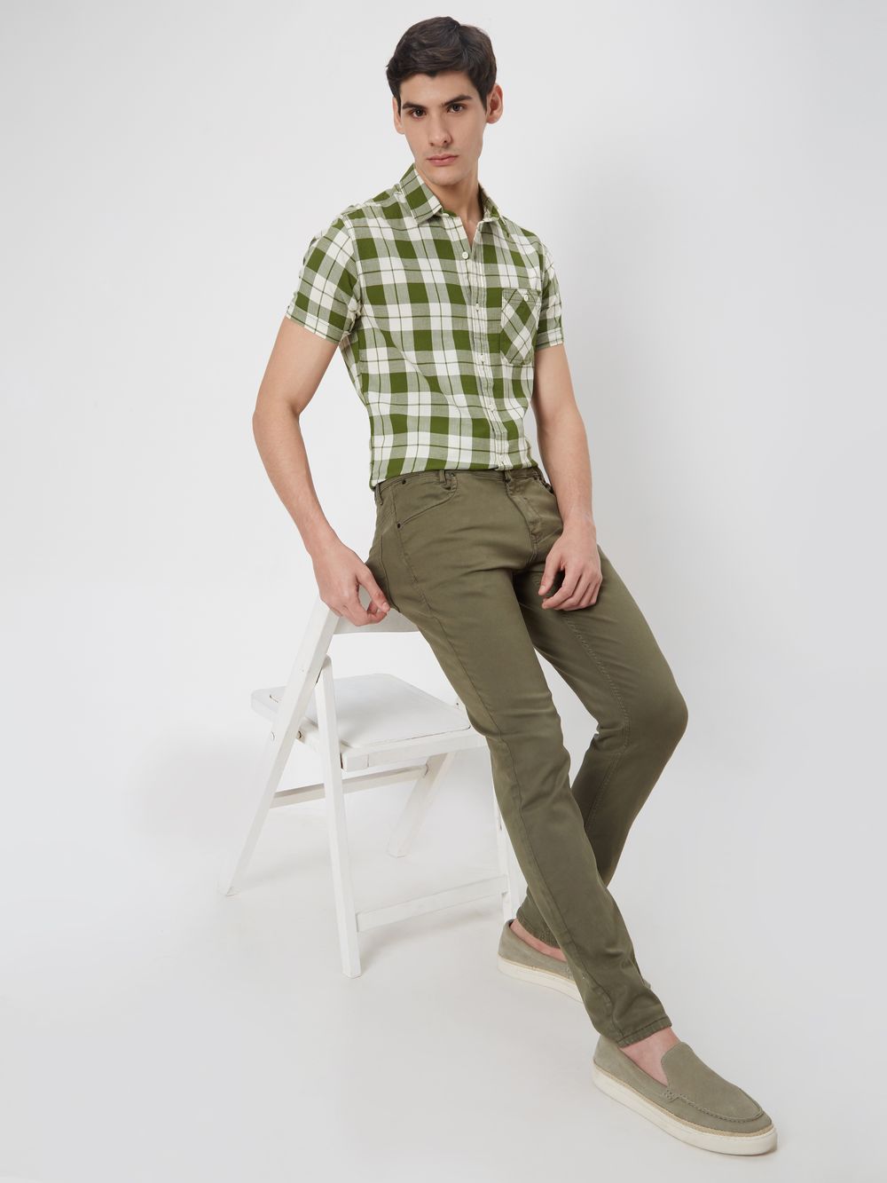 Olive & White Tonal Check Slim Fit Casual Shirt