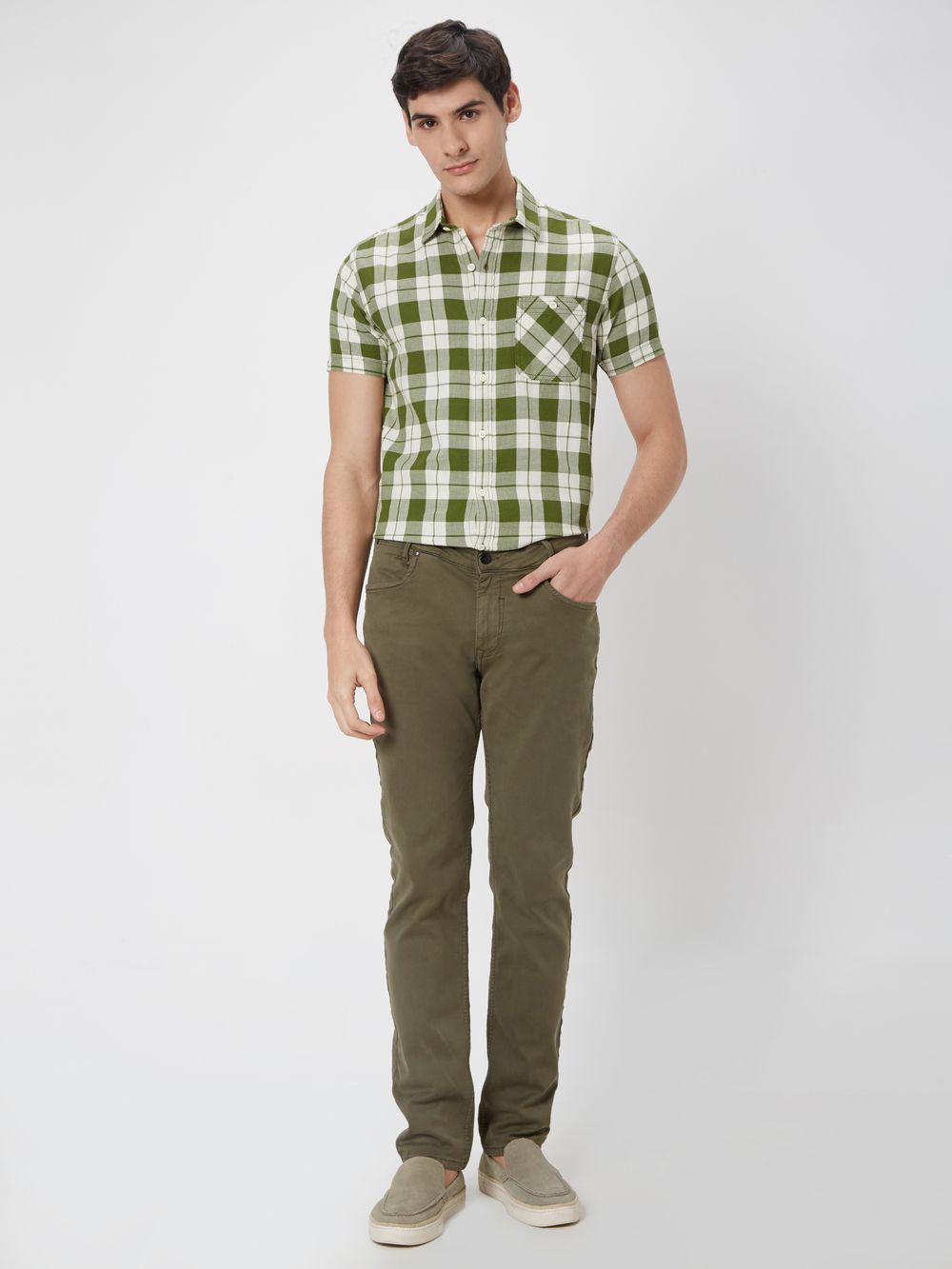 Olive & White Tonal Check Slim Fit Casual Shirt