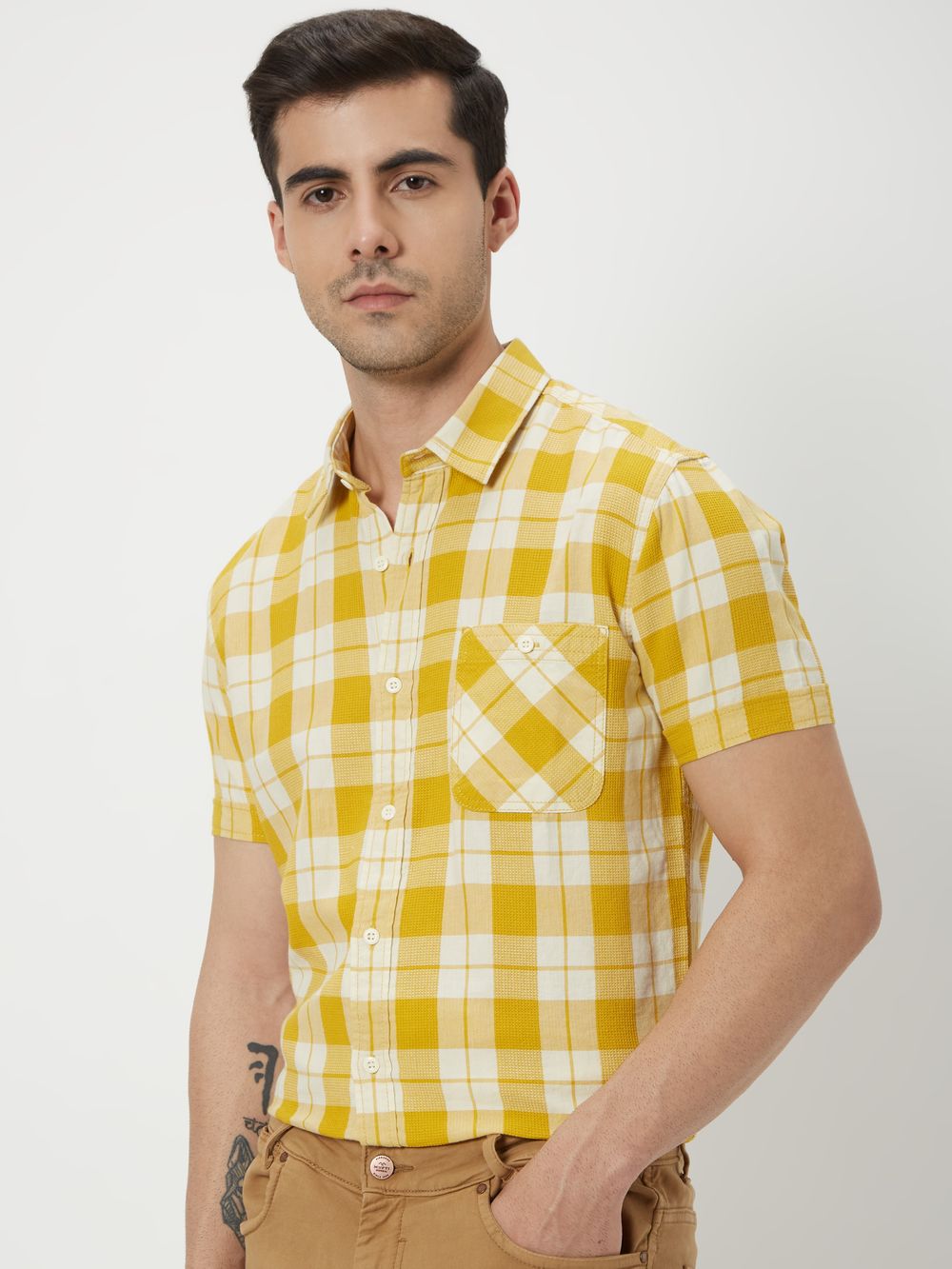 Yellow & White Tonal Check Slim Fit Casual Shirt