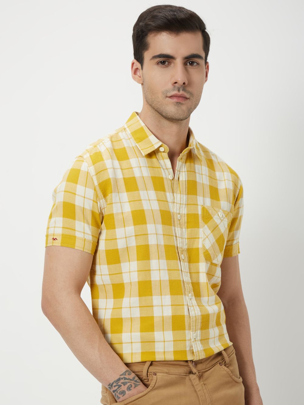 Yellow & White Tonal Check Slim Fit Casual Shirt