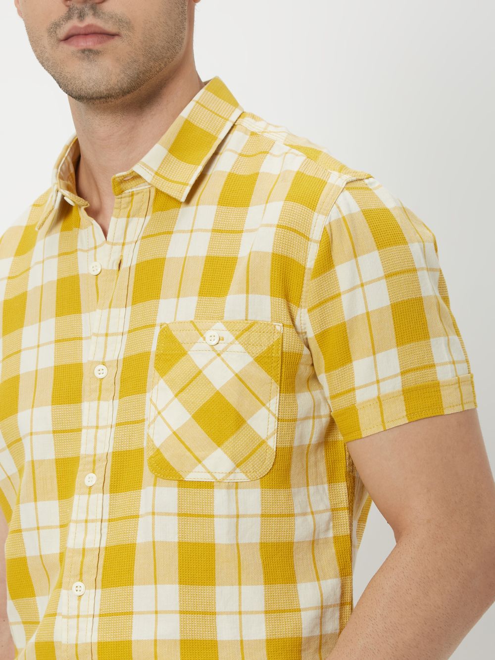 Yellow & White Tonal Check Slim Fit Casual Shirt
