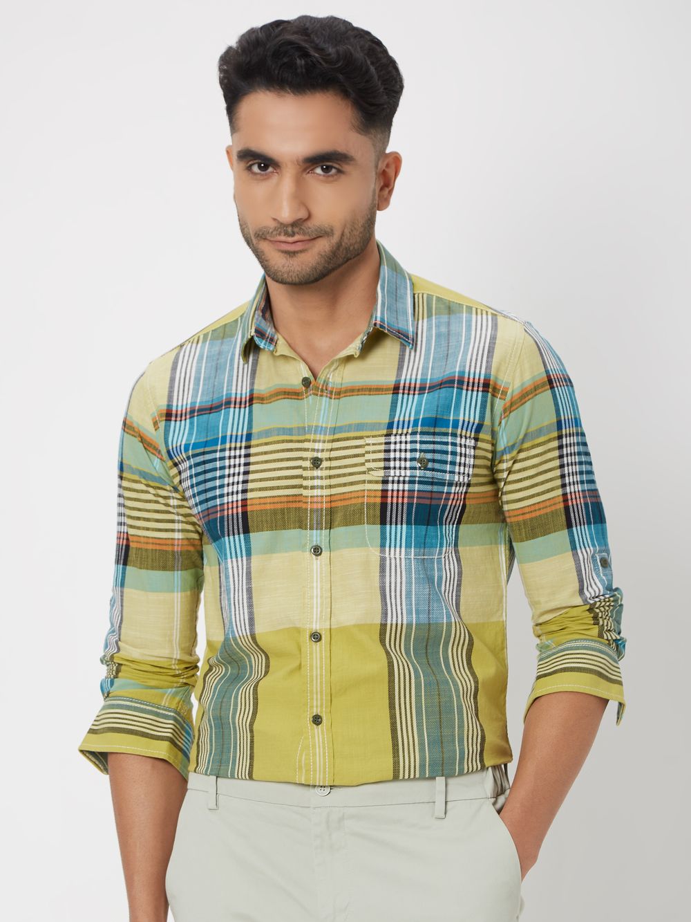 Light Olive & Multi Large Check Slim Fit Casual Shirt