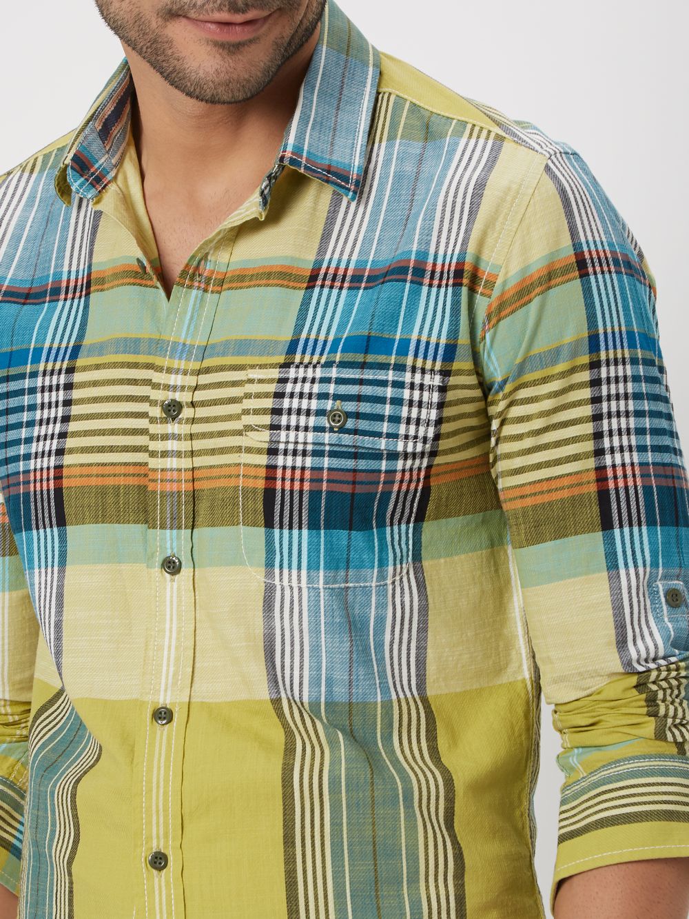 Light Olive & Multi Large Check Slim Fit Casual Shirt