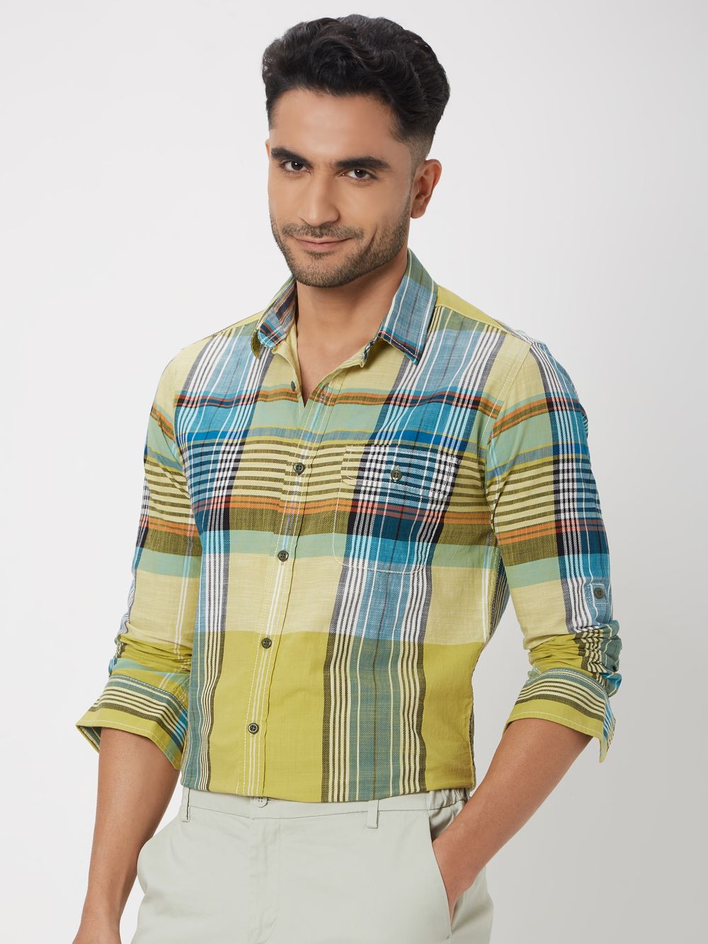 Light Olive & Multi Large Check Slim Fit Casual Shirt