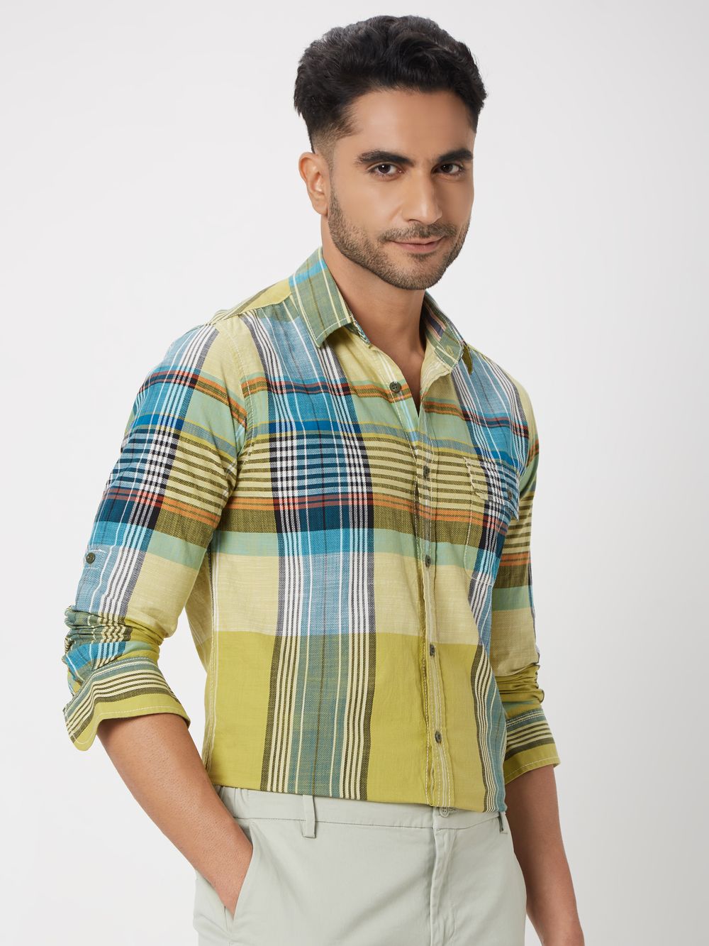 Light Olive & Multi Large Check Slim Fit Casual Shirt