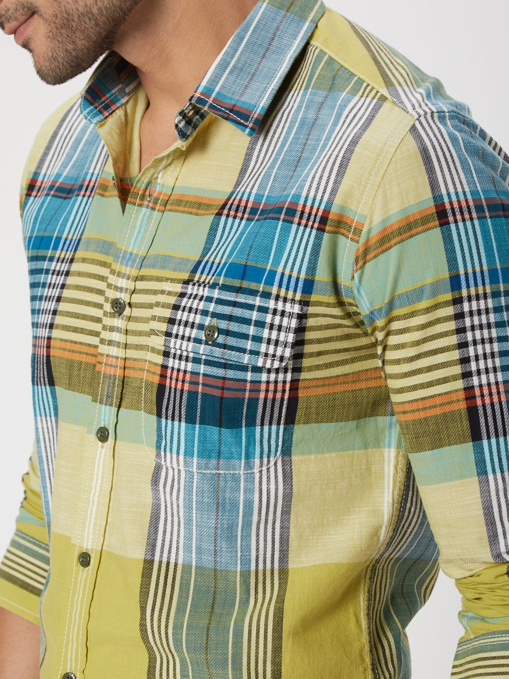 Light Olive & Multi Large Check Slim Fit Casual Shirt