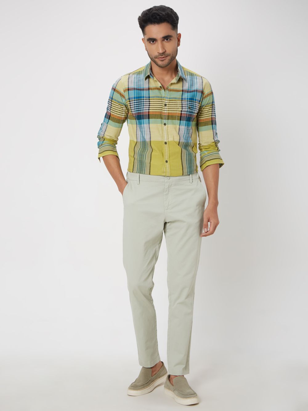 Light Olive & Multi Large Check Slim Fit Casual Shirt