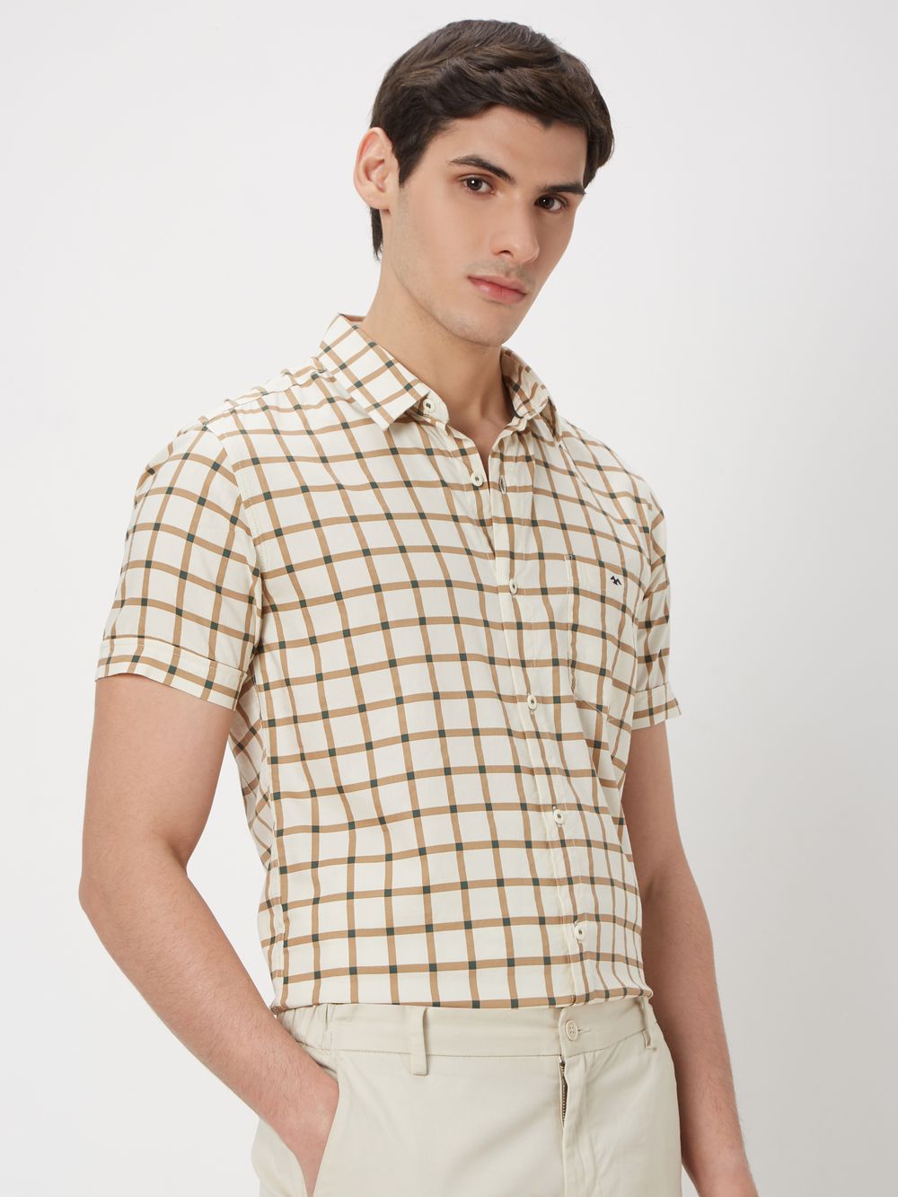 Off White & Khaki Grid Check Slim Fit Casual Shirt