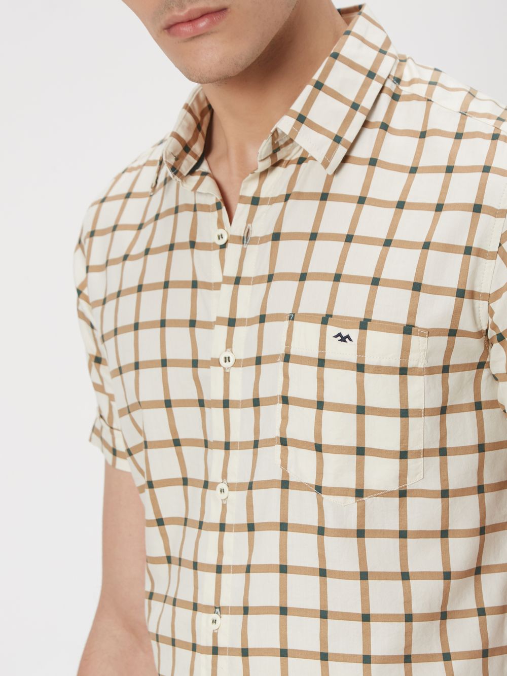 Off White & Khaki Grid Check Slim Fit Casual Shirt