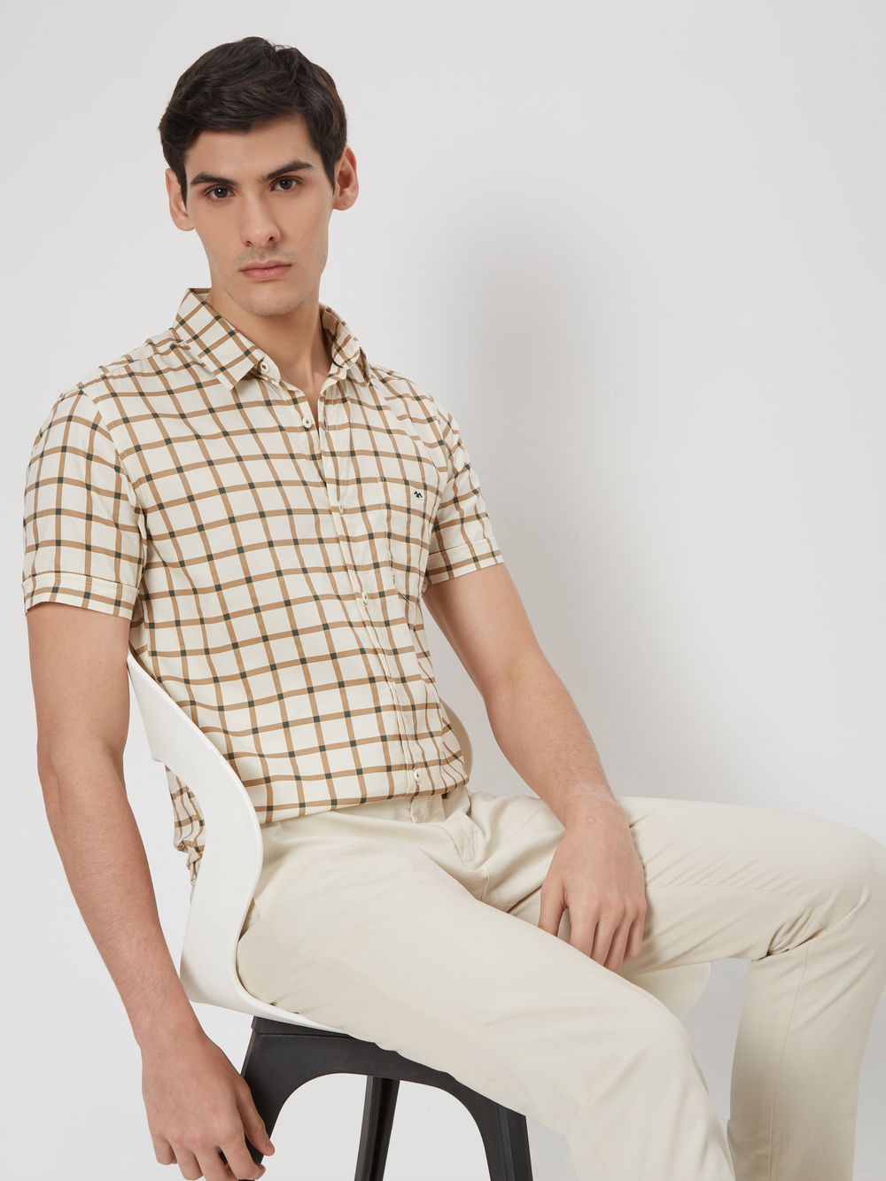 Off White & Khaki Grid Check Slim Fit Casual Shirt