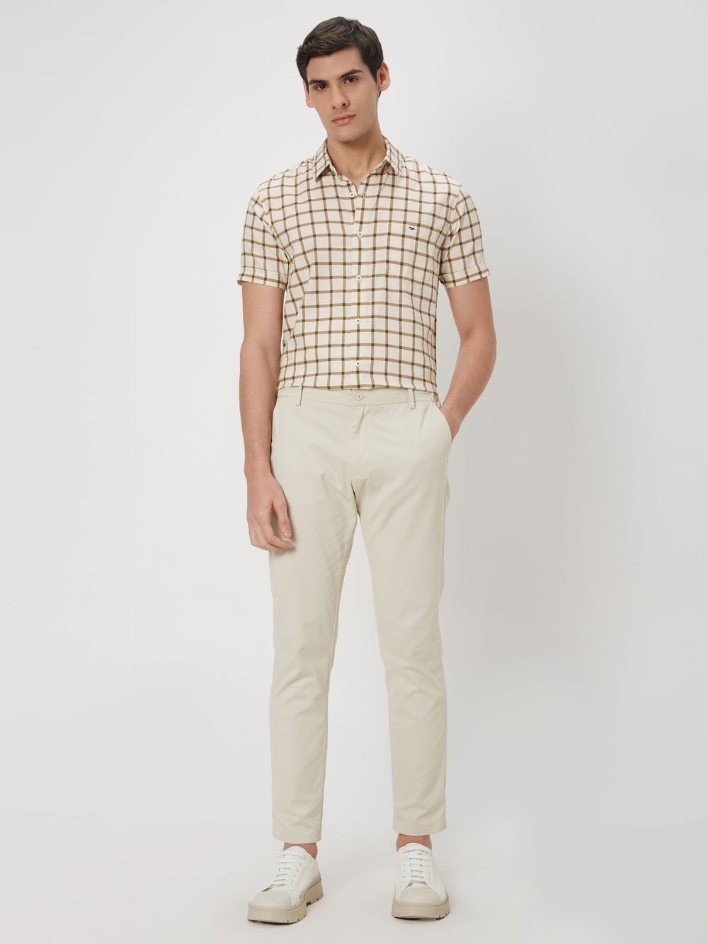 Off White & Khaki Grid Check Slim Fit Casual Shirt