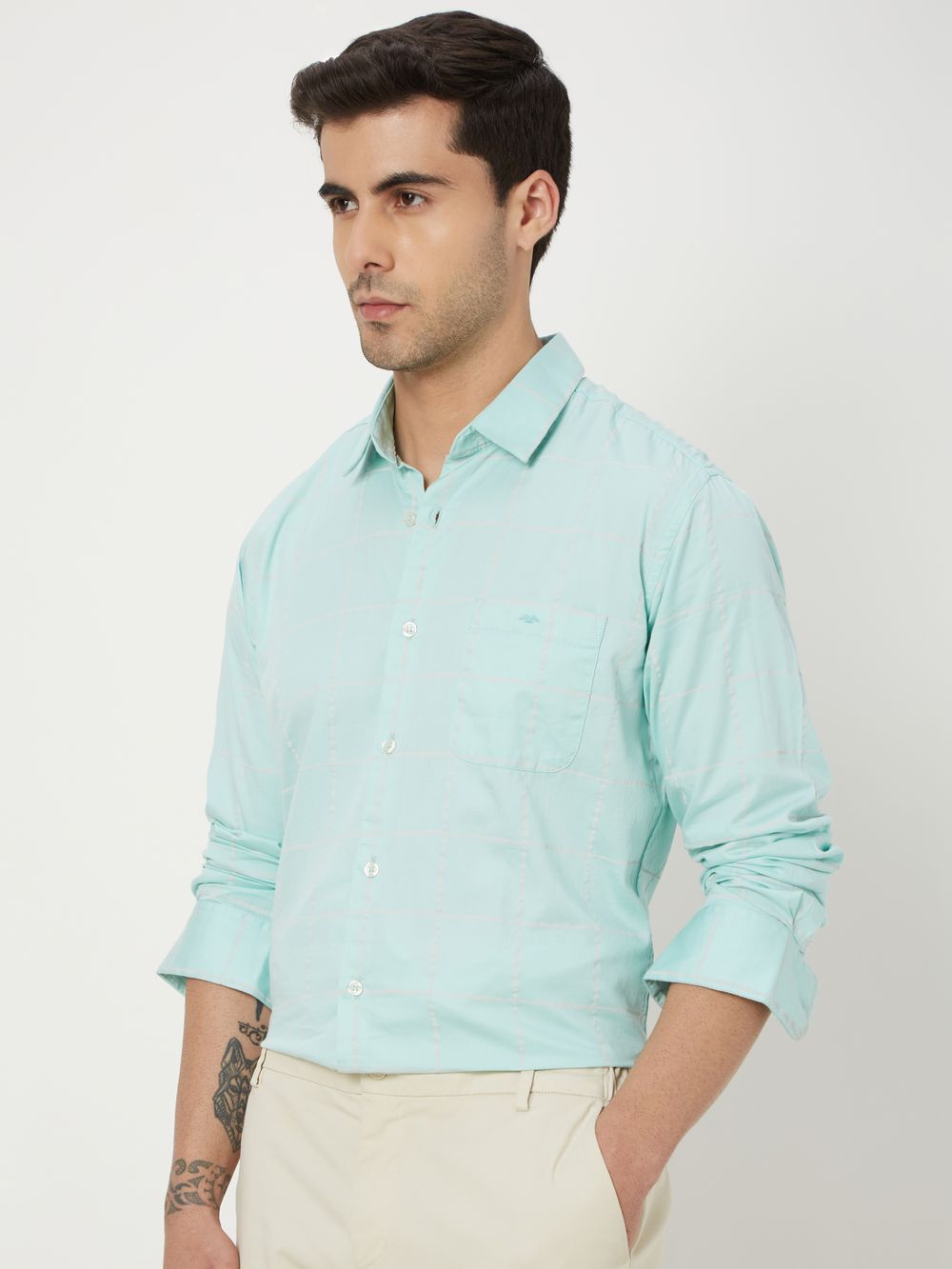 Turquoise & White Printed Check Shirt