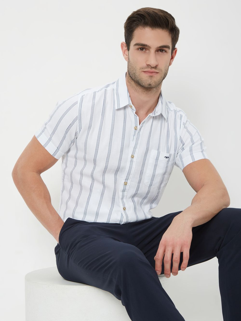 Navy & White Printed Stripe Slim Fit Casual Shirt