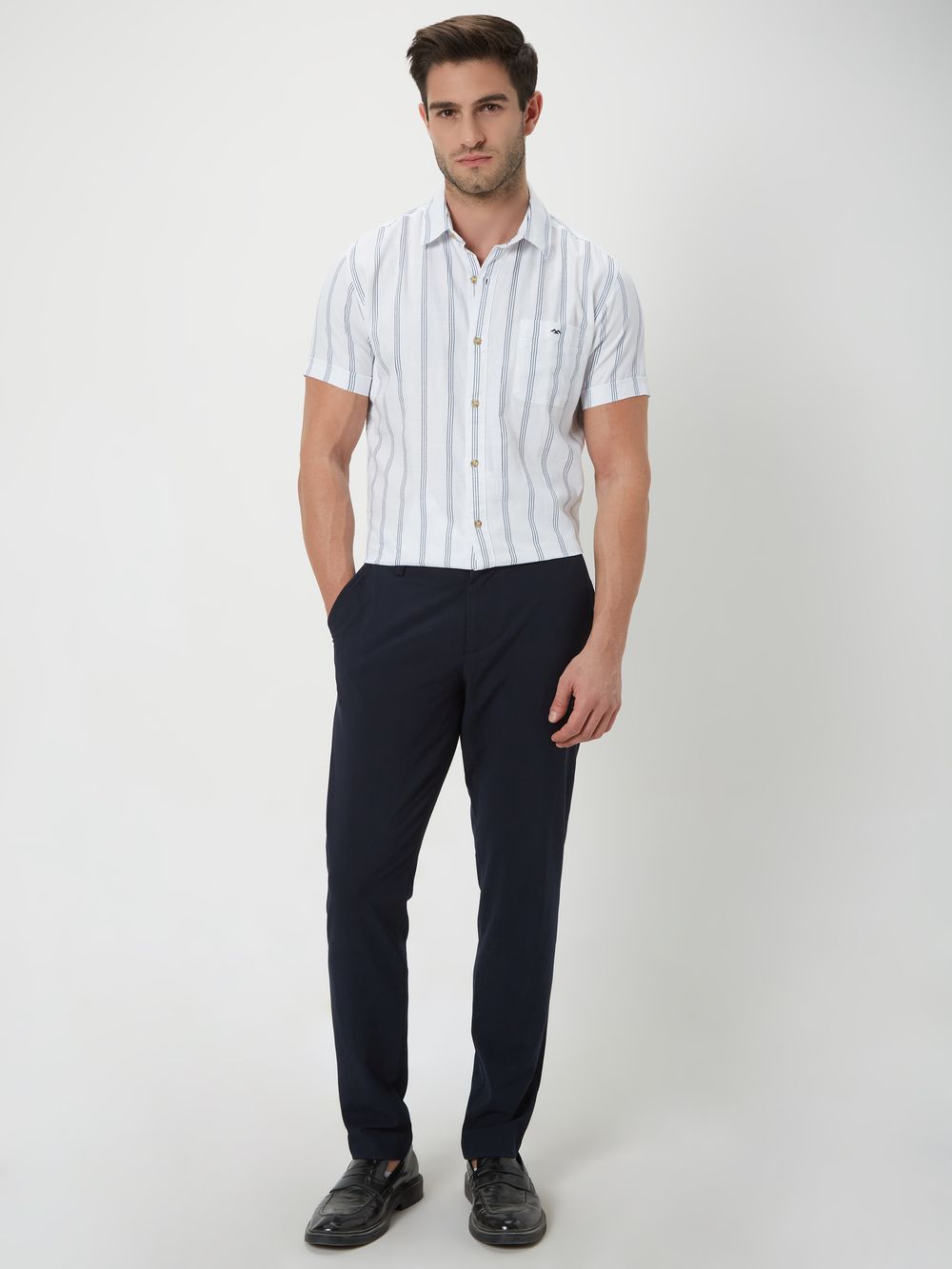 Navy & White Printed Stripe Slim Fit Casual Shirt