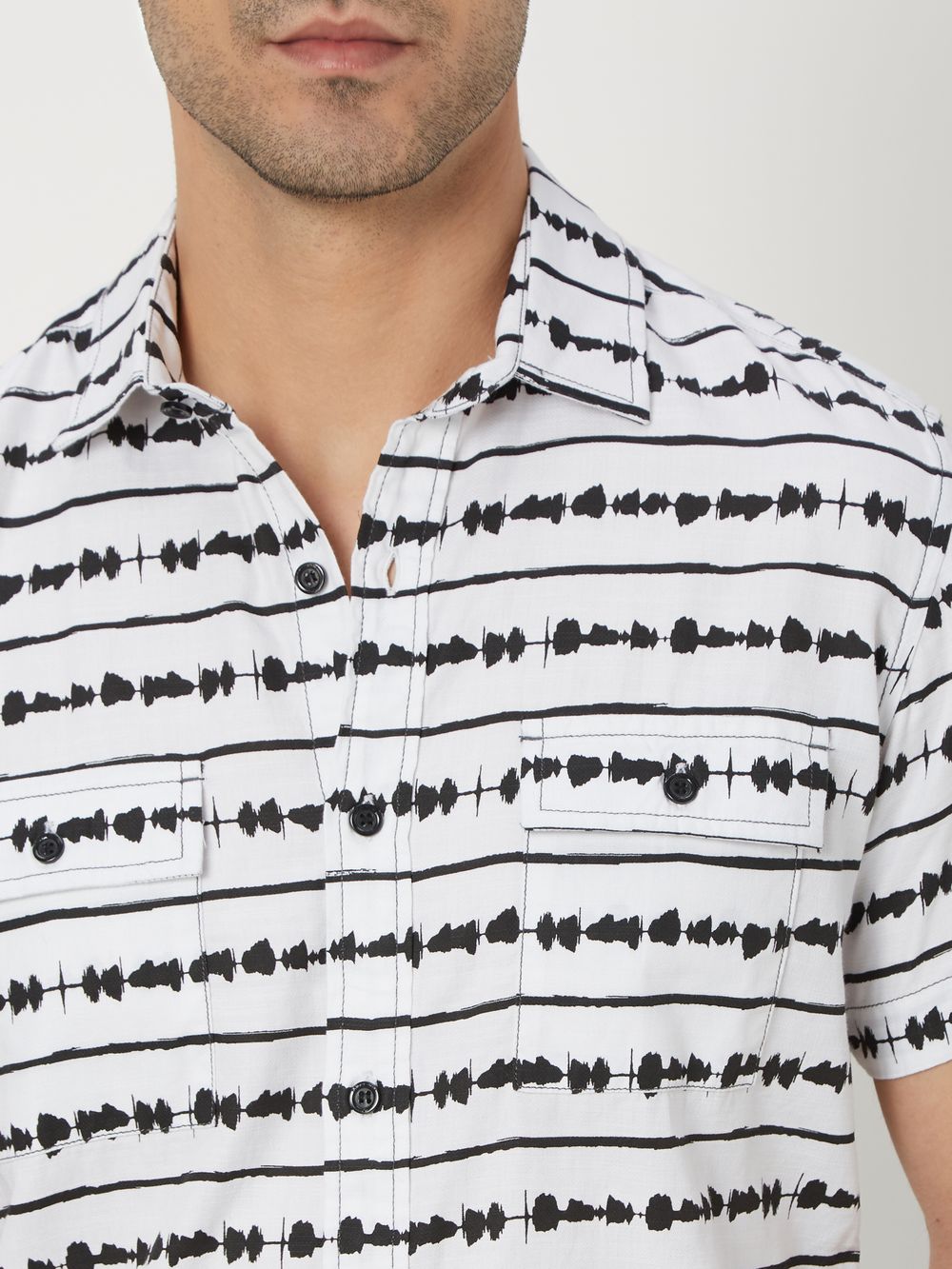 White & Black Wave Stripe Slim Fit Casual Shirt