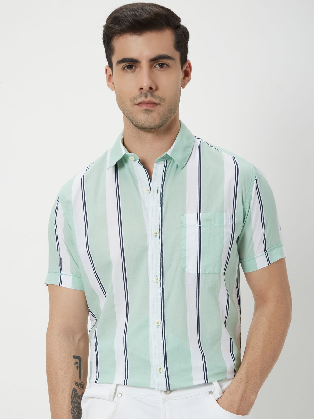 Light Green & White Resort Stripe Slim Fit Casual Shirt