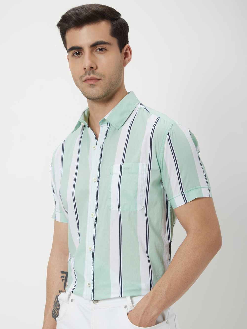 Light Green & White Resort Stripe Slim Fit Casual Shirt