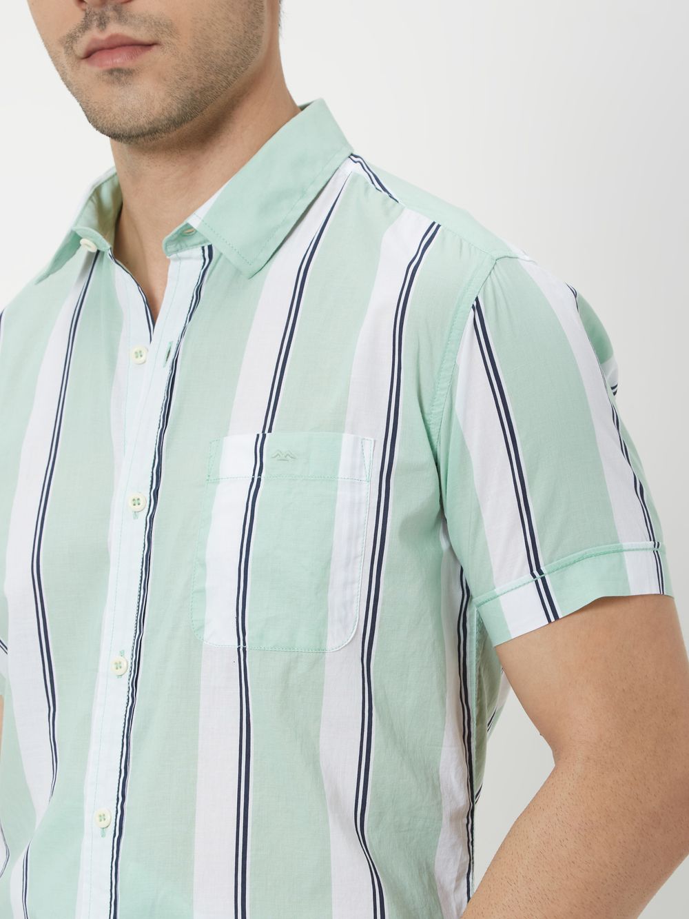 Light Green & White Resort Stripe Slim Fit Casual Shirt