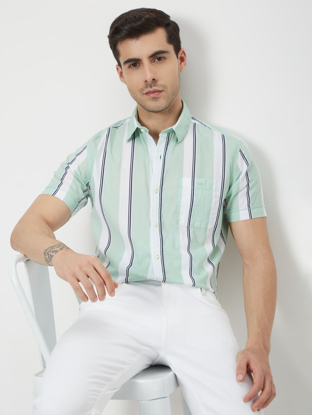 Light Green & White Resort Stripe Slim Fit Casual Shirt