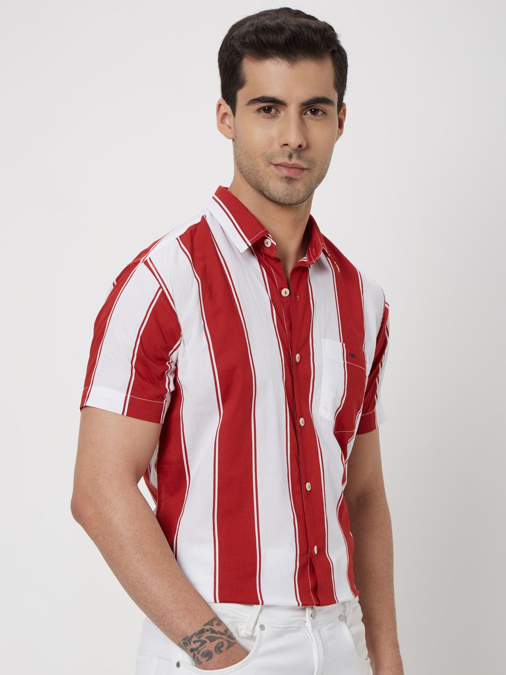 Red & White Resort Stripe Slim Fit Casual Shirt