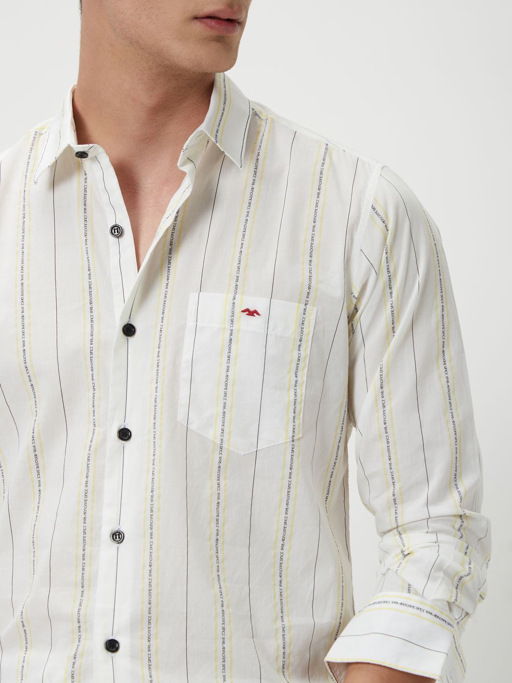 White & Light Yellow Printed Stripe Slim Fit Casual Shirt