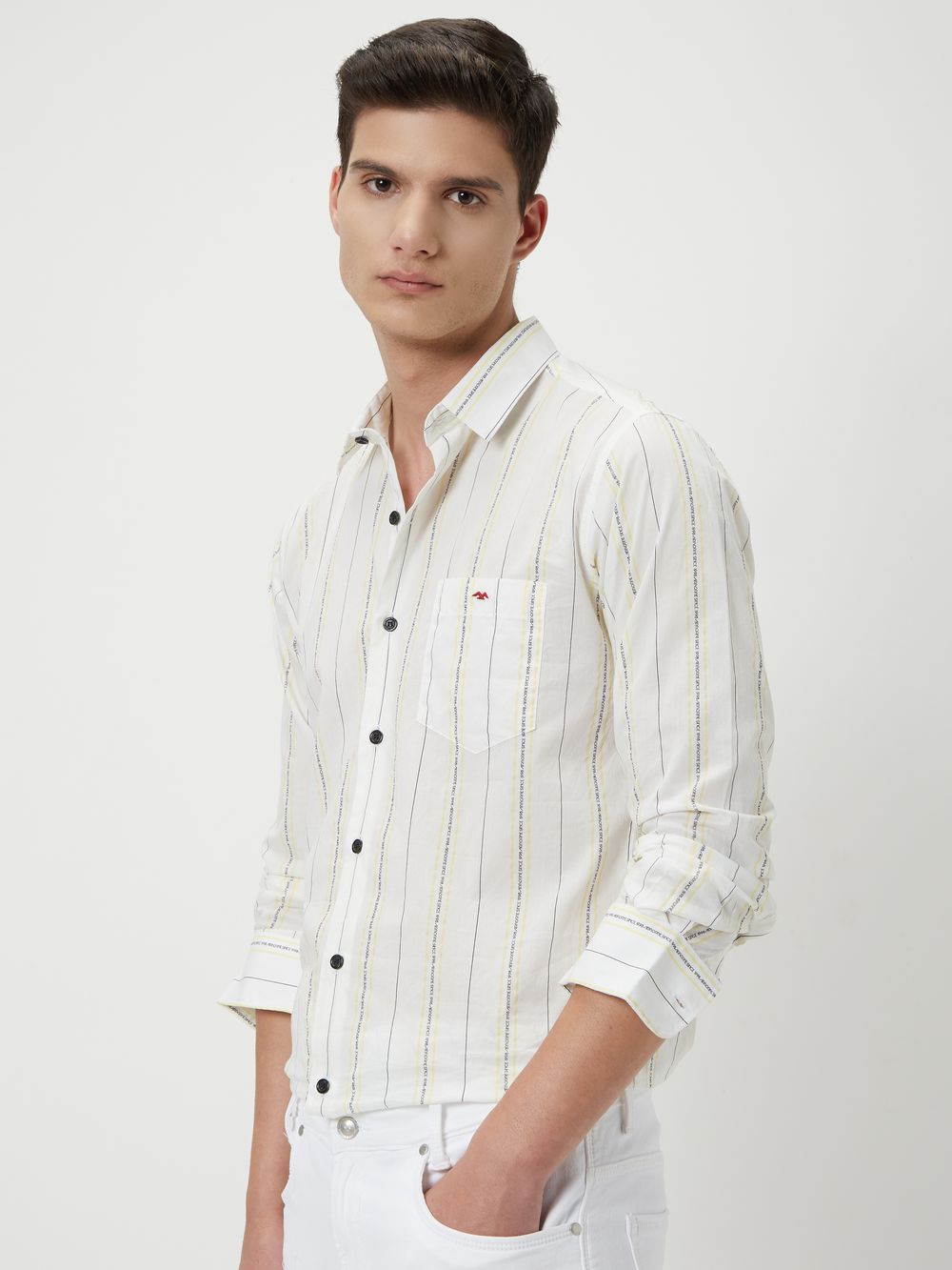 White & Light Yellow Printed Stripe Slim Fit Casual Shirt