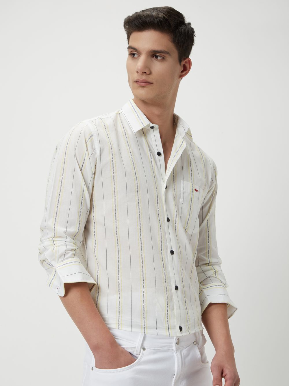 White & Light Yellow Printed Stripe Slim Fit Casual Shirt