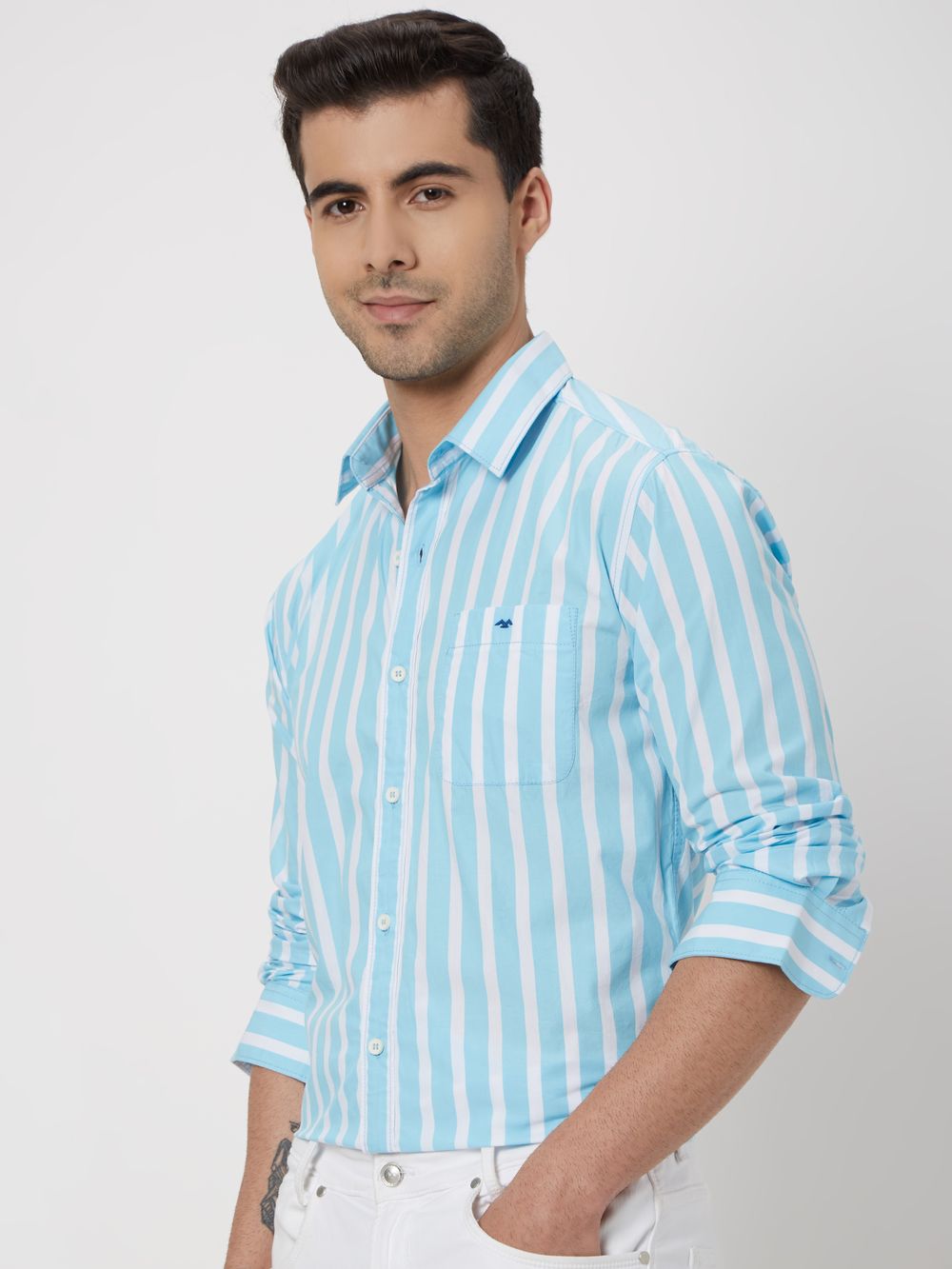 Turquoise & White Bengal Stripe Slim Fit Casual Shirt