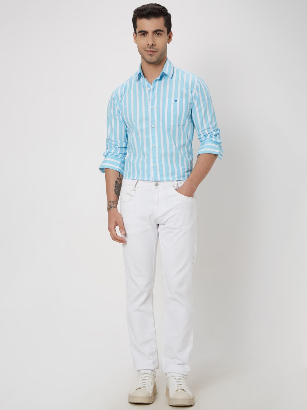 Turquoise & White Bengal Stripe Slim Fit Casual Shirt