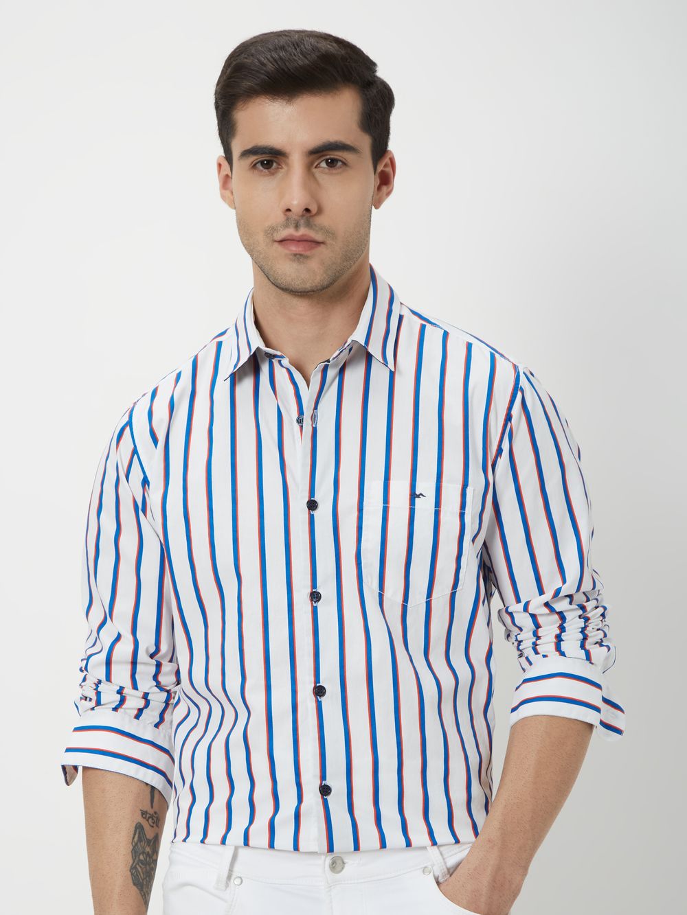 Blue & White Textured Stripe Slim Fit Casual Shirt