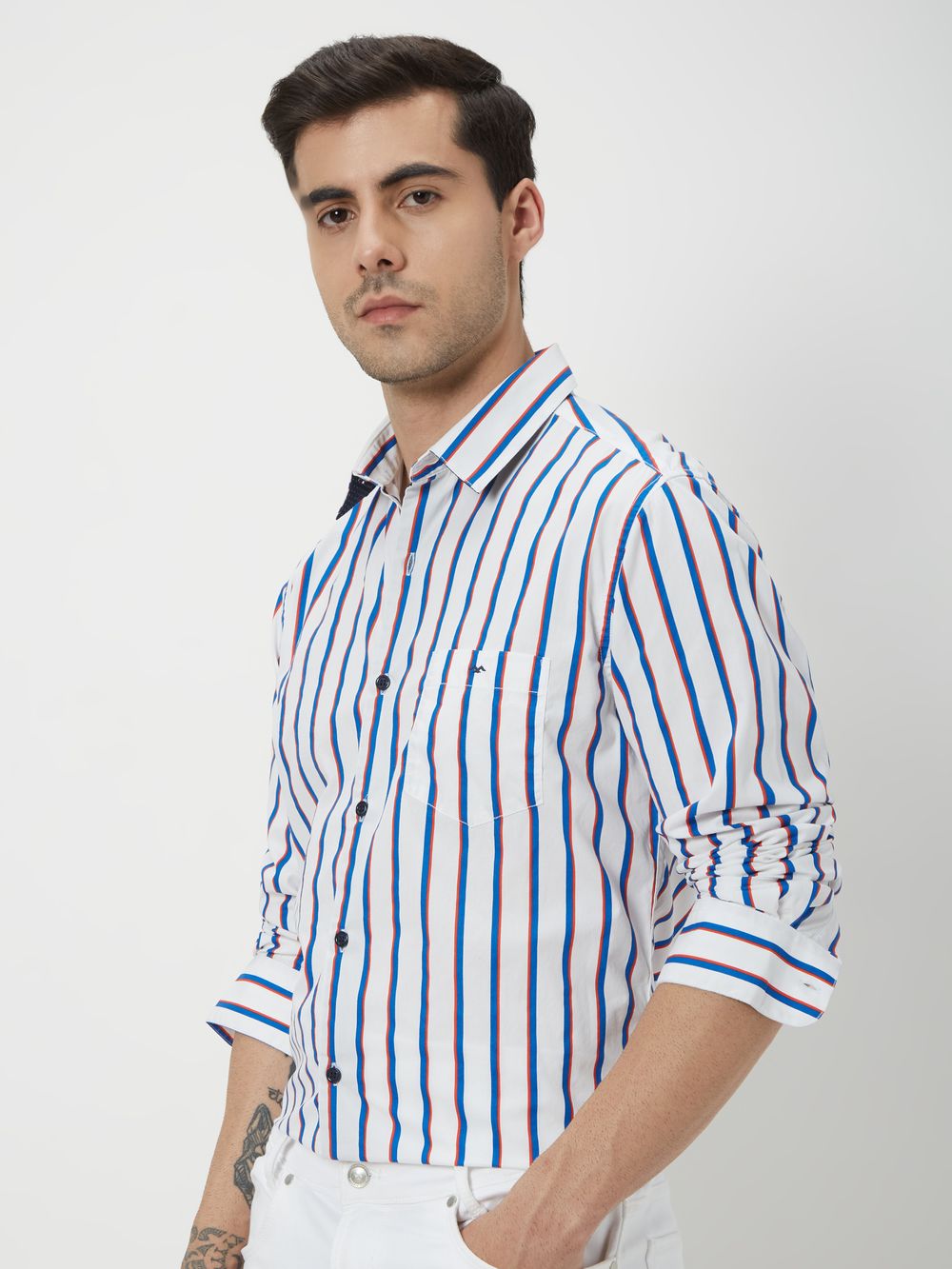 Blue & White Textured Stripe Slim Fit Casual Shirt
