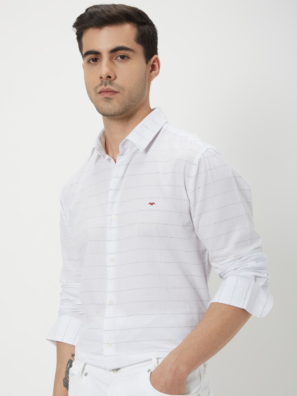 White & Black Textured Stripe Slim Fit Casual Shirt