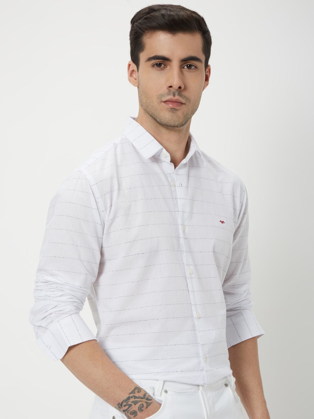 White & Black Textured Stripe Slim Fit Casual Shirt