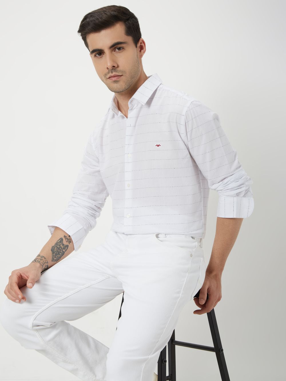 White & Black Textured Stripe Slim Fit Casual Shirt