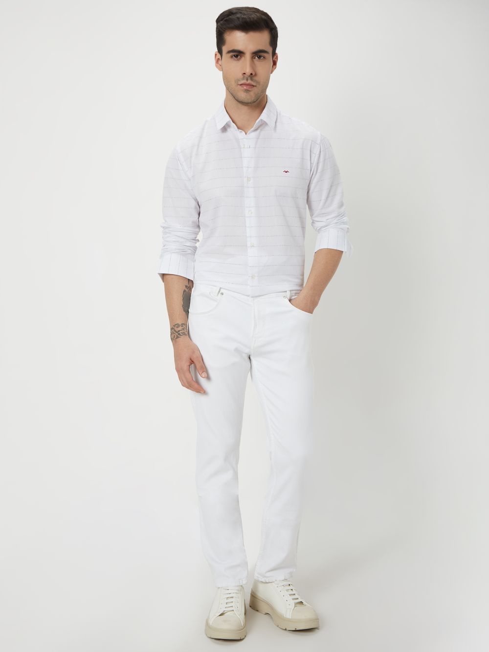 White & Black Textured Stripe Slim Fit Casual Shirt