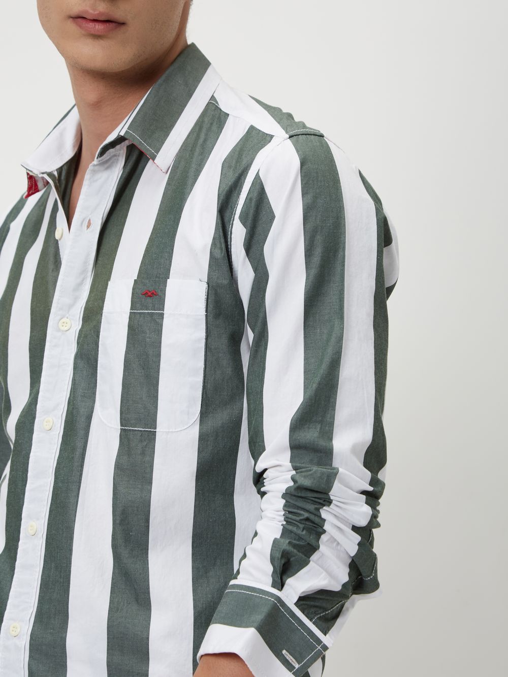 Olive & White Awning Stripe Slim Fit Casual Shirt