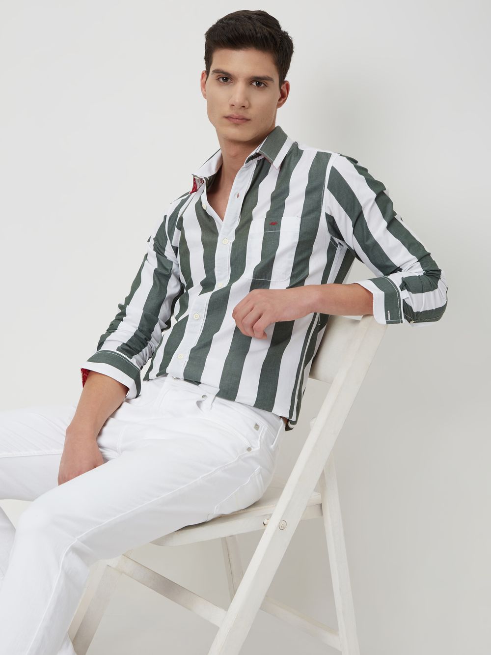 Olive & White Awning Stripe Slim Fit Casual Shirt