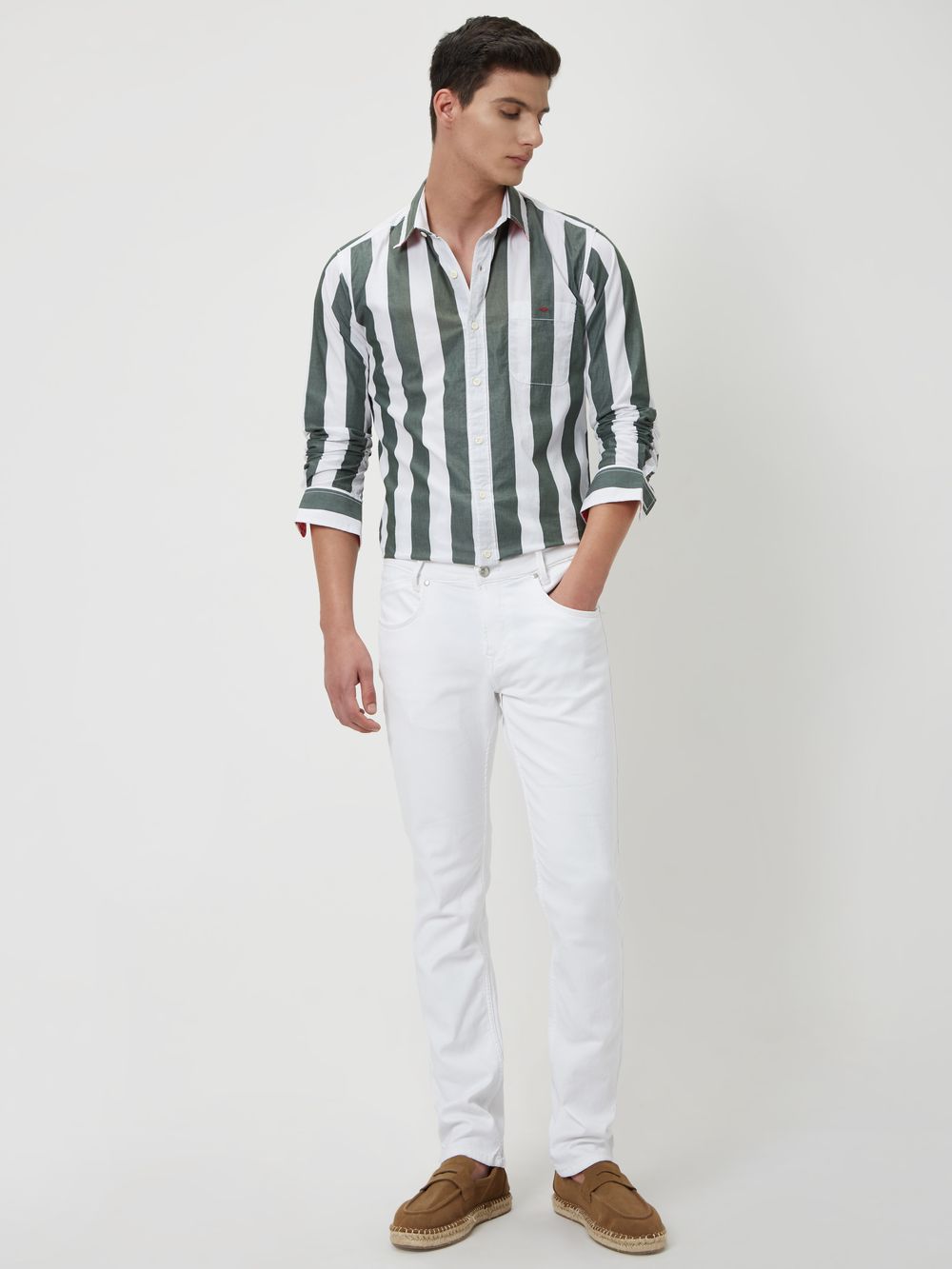 Olive & White Awning Stripe Slim Fit Casual Shirt